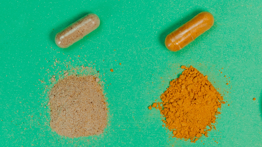 Two open capsules with loose powder piles side by side in comparison