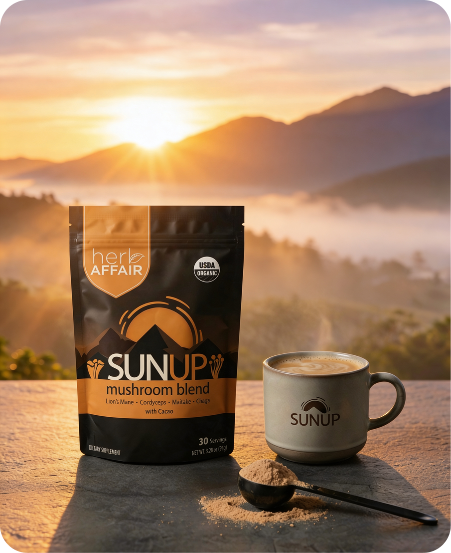 Sunup mushroom blend in front of a sunrise with a cup of mushroom coffee